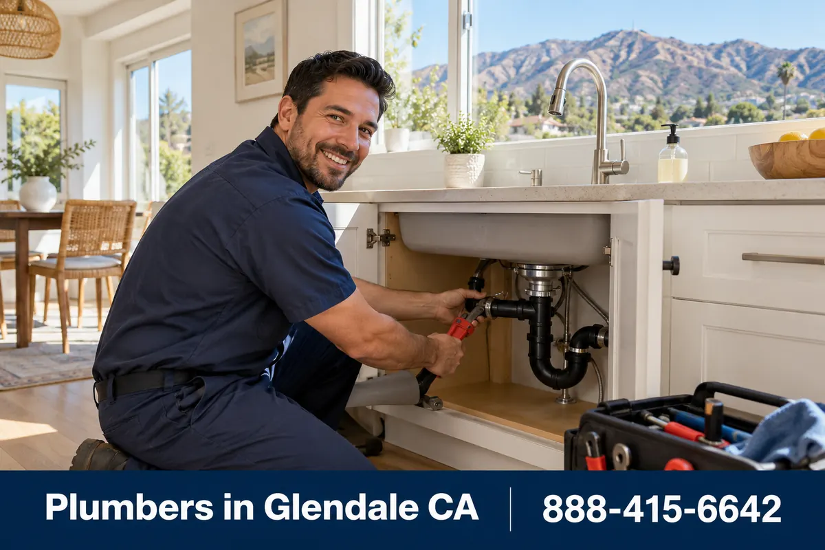 Licensed plumber at work under a kitchen sink in a Glendale, CA home
